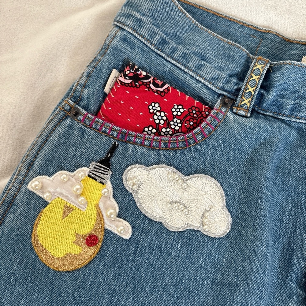 Marc Jacobs Blue Denim Skirt with Embroidered Patches - Picture 3 of 5
